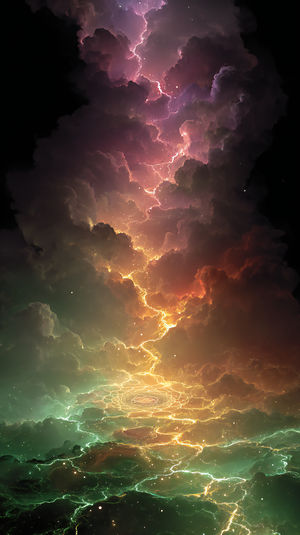 Vertical view of a cosmic nebula with multicolored clouds and jagged lightning strikes illuminating deep space.
