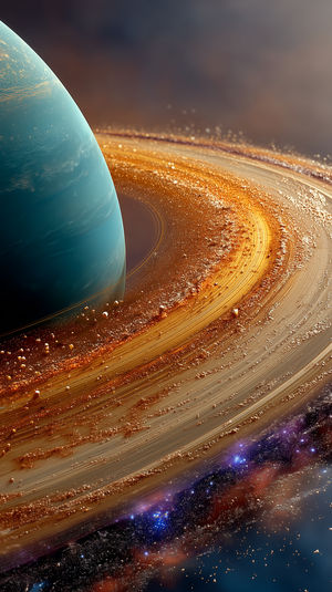 A close-up of a luminous blue planet surrounded by shimmering golden rings and cosmic dust set against a star-speckled void