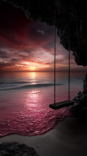 Wooden swing hanging from a rocky cave opening overlooking a pink-tinted ocean as the sun sets with dramatic red clouds