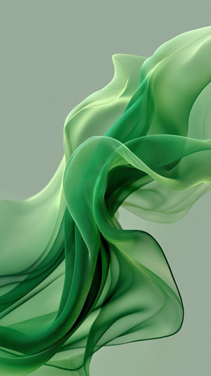Swirling translucent green fabric-like waves floating against a pale grey background, creating an abstract fluid design.