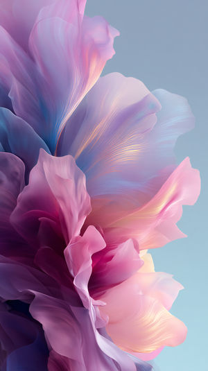 Close-up view of swirling pastel-colored abstract floral petals in pink, purple, and blue tones against a soft backdrop