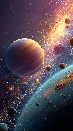 Vibrant 4K cosmic scene showing a colorful nebula, multiple ringed planets and floating asteroids in deep space