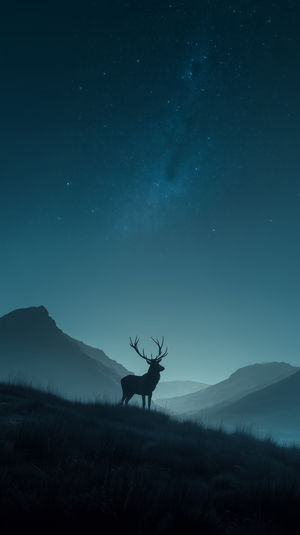 Silhouette of a deer standing on a grassy hill under a star-filled night sky with misty mountain peaks in the background.