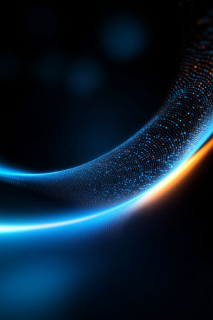 Abstract neon wave of glowing blue data dots flowing across a dark background in futuristic digital design.