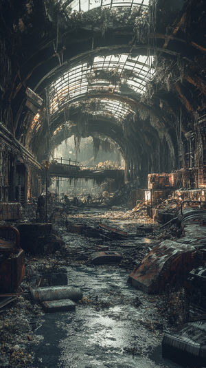 Abandoned industrial station with broken glass roof, rusted debris, overgrown vines, and water pooled on the floor