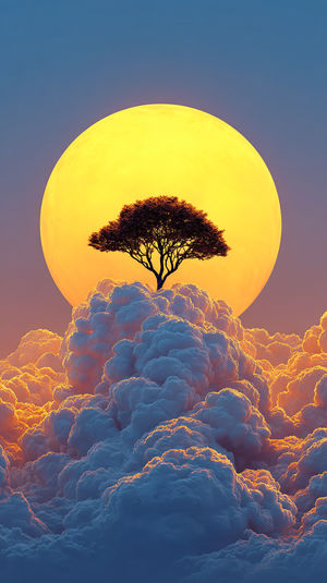 Solitary tree silhouette perched atop luminous billowing clouds with a colossal glowing sun rising against a vibrant sky.