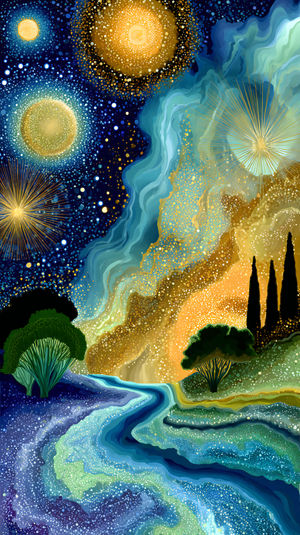 Flowing river under a swirling cosmic night sky with glowing stars, abstract golden lights, and silhouettes of trees.