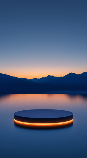 A circular neon-lit platform floats on a reflective lake at dusk, framed by silhouetted mountains under a gradient sky.
