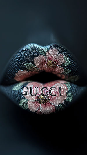 Macro shot of black-painted lips featuring pink floral artwork and GUCCI logo on a dark background