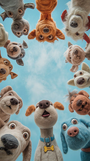 A circle of yarn-felted dog sculptures peering down at the camera against a clear blue sky.