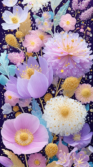Close-up of a digital art bouquet with intricately detailed pastel flowers and gold accents on a dark blue background
