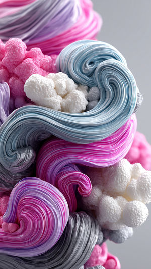 Close-up view of a colorful 3D abstract swirl texture with interwoven pink, blue, gray, and white ribbon-like forms.