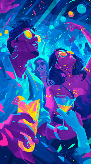 Illustration of people dancing in a neon-lit nightclub, holding glowing cocktails under colorful spotlights.