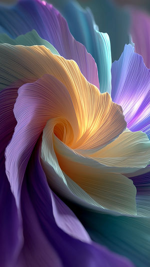 High-resolution 4K abstract flower swirl with flowing petal-like ribbons in purple, gold, and teal hues on a dark background