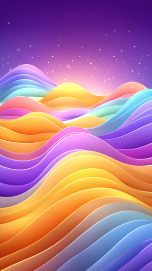 A vibrant abstract landscape of layered pastel-colored waves with glowing sparkles against a purple sky.