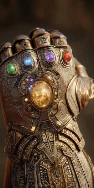 Close-up view of a detailed golden gauntlet encrusted with multicolored cosmic gems glowing on a dark blurred background.