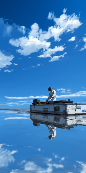 A DJ wearing headphones on a floating console over tranquil reflective water under a vibrant blue sky.