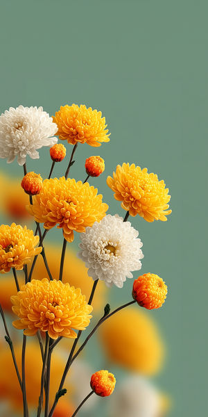 Close-up of yellow and white chrysanthemum flowers on slender stems against a smooth muted green background.