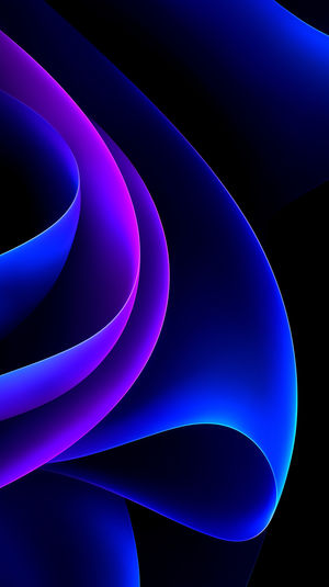 A dark abstract scene with glowing neon purple and blue ribbon-like shapes swirling across the frame.