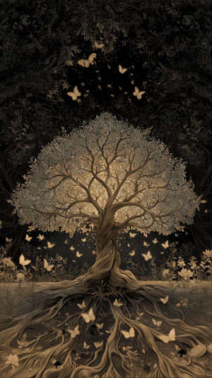 A luminous golden tree with twisting roots and glowing butterflies against a dark, mystical, ethereal background.