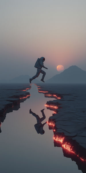 A lone astronaut jumps over a glowing lava fissure reflecting in calm water against a misty mountain sunrise.