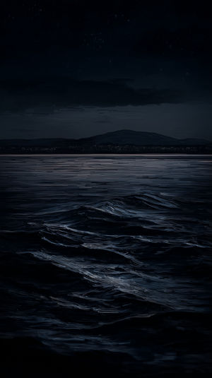 A dark seascape at night showing gentle ocean waves reflecting city lights on the horizon beneath a starry sky.