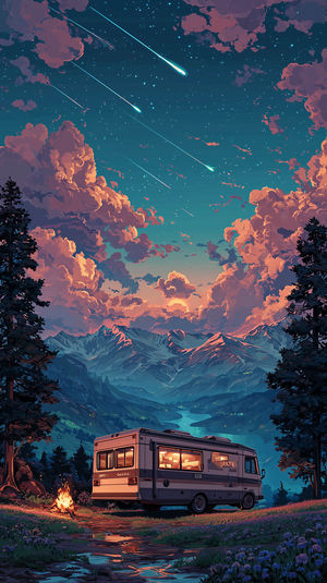 RV camper parked by a campfire in a mountain valley at dusk under pastel clouds and a shooting meteor shower