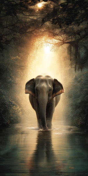 Majestic elephant wading through shallow jungle water at dawn, bathed in golden light filtering through misty trees.