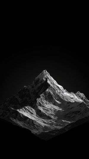 Snowy mountain peak in stark silhouette against a solid black background, showcasing detailed snow ridges in a minimalistic, monochrome style.