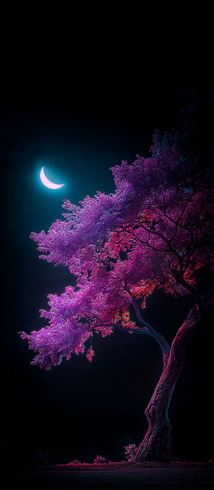 A stylized neon tree with glowing pink and purple leaves stands under a luminous crescent moon against a dark sky