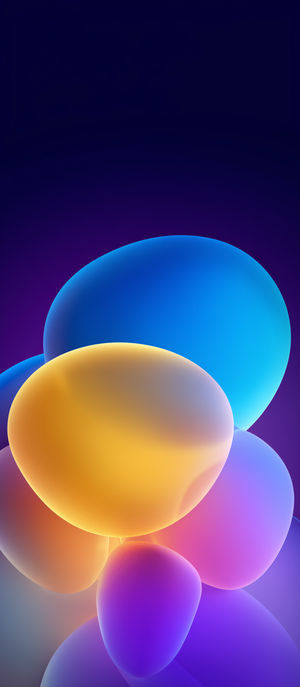 Dark purple to black gradient background with glowing abstract neon spheres and bubble shapes in blue and gold.