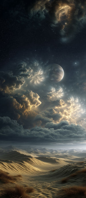 A vast sandy desert with rolling dunes beneath swirling luminescent alien clouds and a glowing planet overhead.