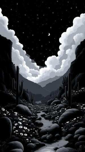 Moonlit illustration of a desert valley with cacti and daisies by a reflective stream under stars and drifting clouds.