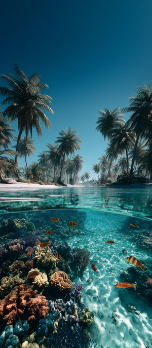 Split-view of a tropical beach with tall palm trees above the water and a colorful coral reef teeming with fish below