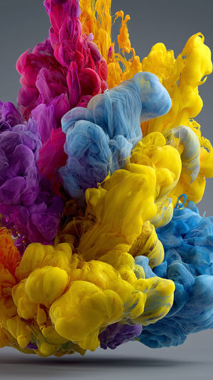 Vibrant abstract ink clouds in yellow, blue, pink, and purple swirl together in a color explosion on gray backdrop.