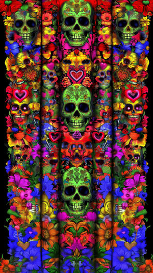 Vertical collage of neon-colored sugar skulls intertwined with vivid flowers, hearts, and intricate Day of the Dead patterns.