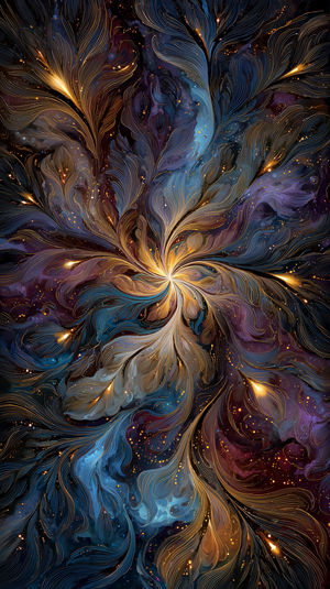Vibrant abstract cosmic swirl of golden filaments flowing through deep blue and purple nebula shapes in space.