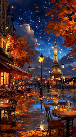 Paris café at night in autumn with glowing street lamps, falling leaves, and the illuminated Eiffel Tower in view.