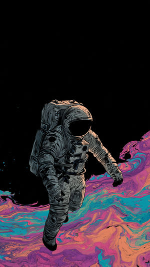 An astronaut floating over a swirling multicolor cosmic fluid against a pitch-black background, digital art style.