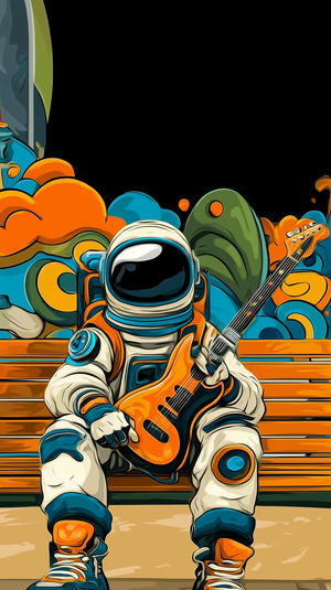 An astronaut in a blue spacesuit sits on a bench playing an orange electric guitar against a colorful abstract backdrop.