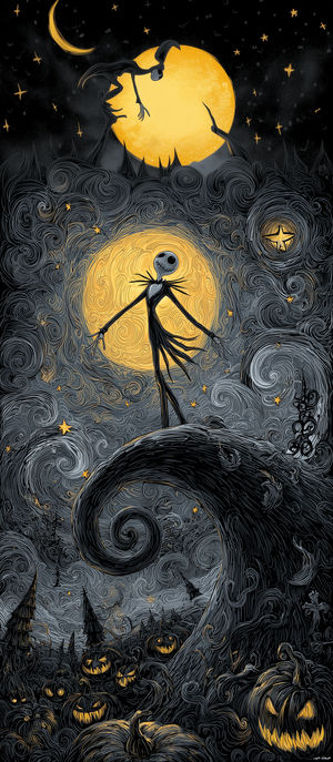 Jack Skellington standing on a spiral hill under a golden full moon with swirling starry sky and glowing pumpkins below.