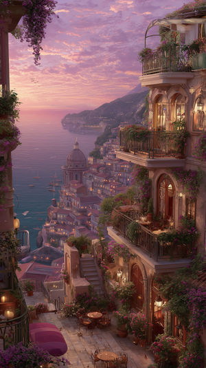 Balconies adorned with pink bougainvillea overlook a serene Mediterranean coastline and pastel sunset sky.