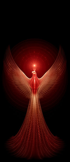 A glowing red phoenix with outstretched wings in abstract digital art against a dark background, radiating fiery light.