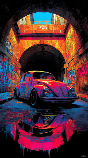 Stylized neon illustration of a vintage VW Beetle parked in a vibrant graffiti tunnel with its colorful reflection in a puddle.