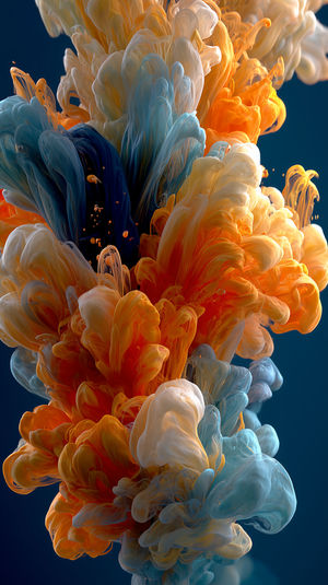 A swirling abstract fluid art scene with orange, blue, and white ink clouds blending against a dark blue backdrop.