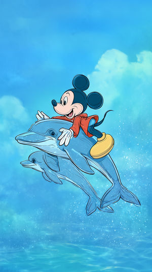 Illustration of Mickey Mouse riding two dolphins over a sparkling turquoise ocean under a bright sky.