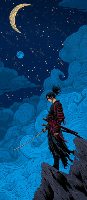 Illustration of a lone samurai on a rocky cliff under a crescent moon and swirling blue clouds dotted with stars at night.