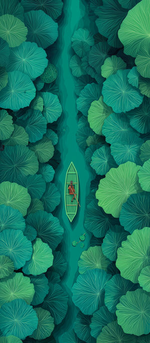 Top-down view of a person rowing a green boat through a narrow stream surrounded by oversized green lily pads.