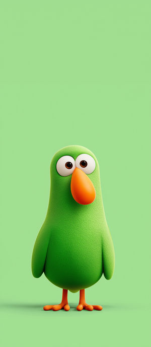 A 3D green cartoon bird with big round eyes and an orange beak standing on a pastel green background