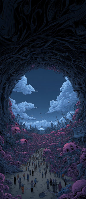 Silhouetted figures walking through a dark dystopian tunnel of twisted pink vines and skulls toward a glowing city skyline